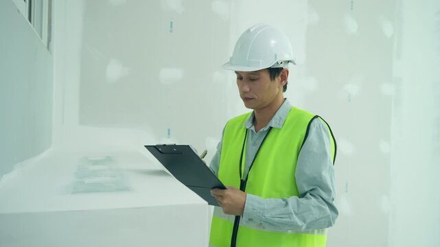 inspector or engineer is inspecting construction and quality assurance new house using a checklist. Engineers or architects or contactor work to build the house before handing it over to the homeowner
