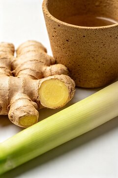 Closeup fresh ginger and lemongrass with clay cup texture on white
