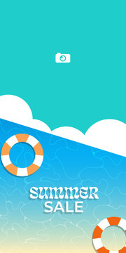 Summer Sale beach design. Vertical banner template, illustration of sea and clouds for bright promotional advertising