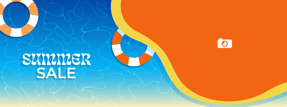 Summer Sale beach design. Horizontal banner template, sea illustration and buys for season holidays