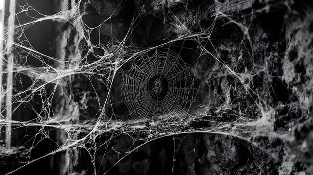 A dark and mysterious halloween background featuring intricate spider webs spread across a textured surface creating a spooky atmosphere perfect for seasonal holiday design projects