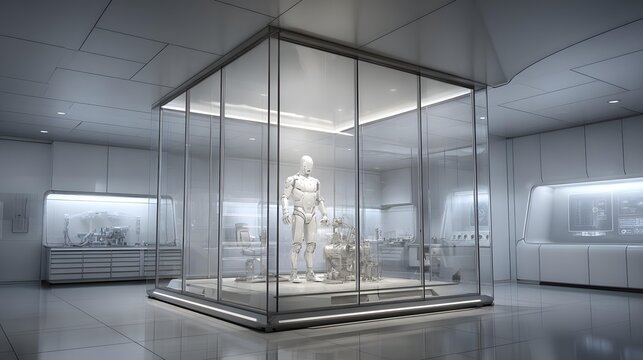 robot meditating within a circle of floating holographic symbols, futuristic artificial intelligence enlightenment concept