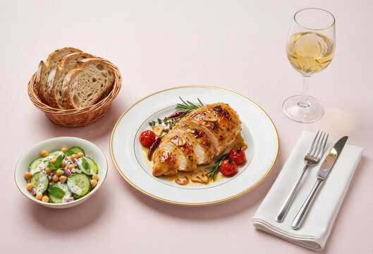Grilled chicken breast fillet with honey, rosemary, and cherry tomatoes, served with salad, bread, and white wine.