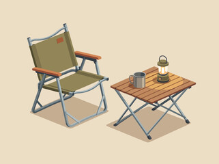 Fototapeta premium Flat vector illustration of a folding camping chair and portable wooden table with a lantern and mug for outdoor recreation.