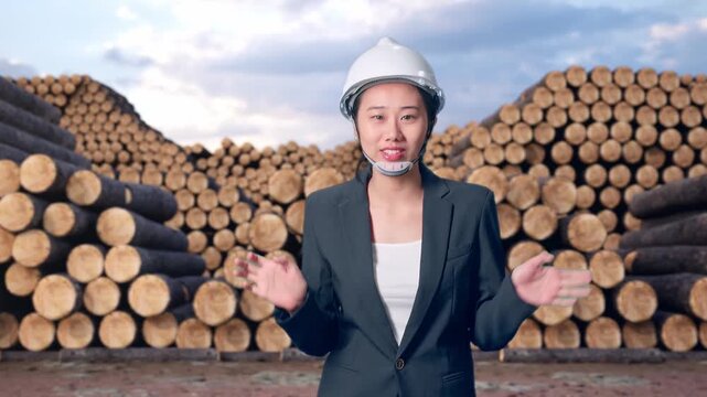 Front View of Asian Businesswoman Walking and Speech with Stacked timber logs pile at outdoor lumber yard