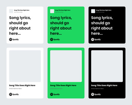 Spotify share song lyrics, card UI template set with album cover art placeholder. two variants in white green and black colors.