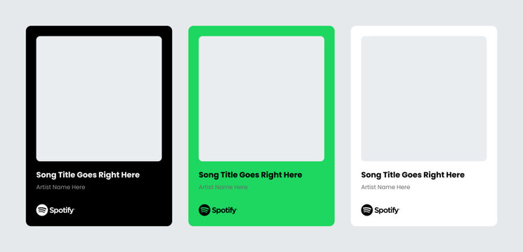 Spotify share song , card UI template set with album cover art placeholder. In white green and black colors.