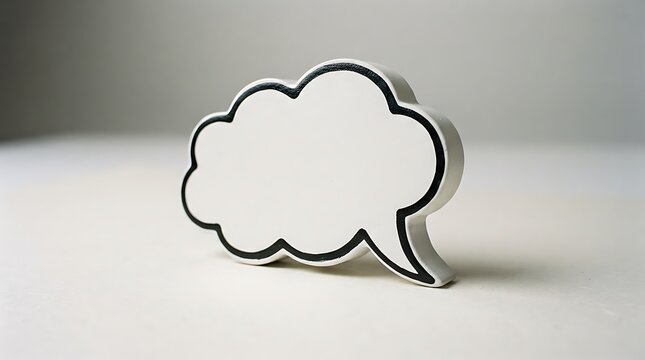 A white speech bubble with a black outline resting on a light gray surface representing communication and thought processes