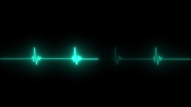 Neon cyan heartbeat pulse line on black background for medical and technology concepts