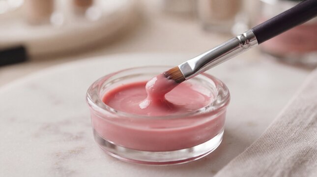 A close up shot of a makeup brush dipping into a small glass jar filled with soft pink ad social media download thambnail poster web template event festival 2026 2027 2028