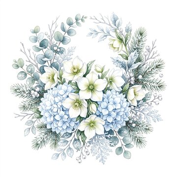 Watercolor Winter Bouquet of White Hellebore and Blue Hydrangea