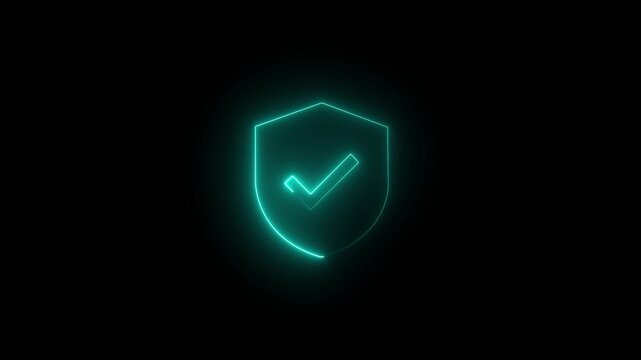 Glowing neon shield icon with check mark for cybersecurity and data protection concepts