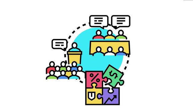 Business alliance depicting people collaborating in a meeting and connecting puzzle pieces representing finance, growth, and partnership for strategic success