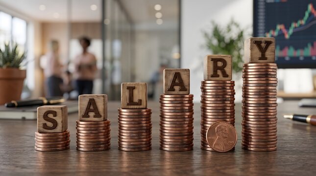 Wooden letter blocks spelling &ldquo;SALARY&rdquo; stacked on coins, illustrating income growth and personal finance concepts