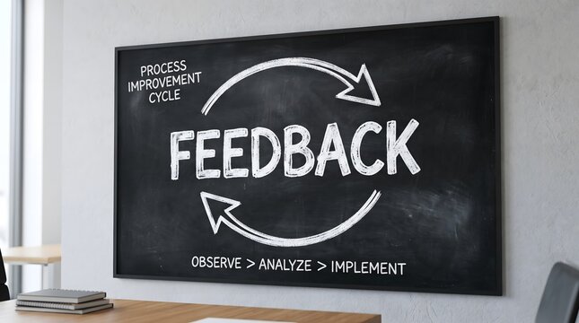 Feedback concept displayed on a chalkboard with circular arrows, symbolizing continuous improvement and communication