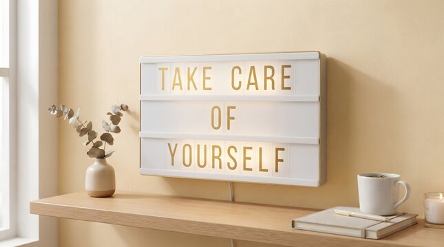 Lightbox display showing a self-care message, encouraging personal wellbeing and healthy lifestyle practices