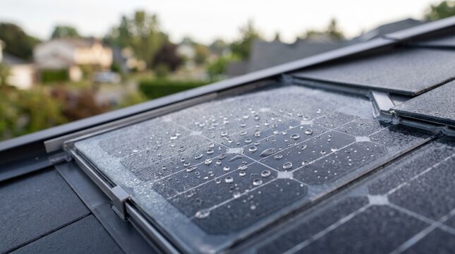 Raindrops on modern solar roof tiles representing clean energy and environmental wellness.
