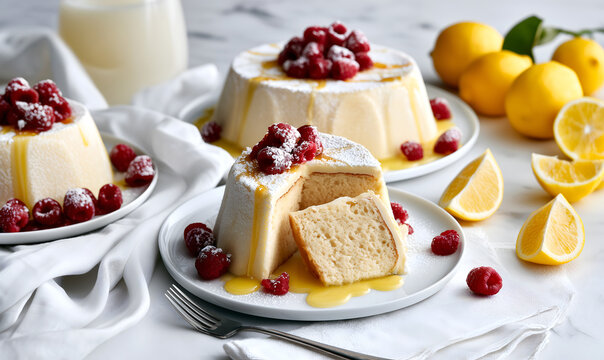 Creative food template. Frosted Lemon Jello Cake with raspberry citrus fruit on white ceramic plating on elegant white linen table. copy text space.