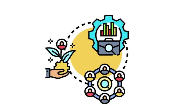 Business agility concept showing a hand nurturing growth, a team collaborating, and a gear mechanism with a briefcase and bar chart representing adaptable strategy and organizational development
