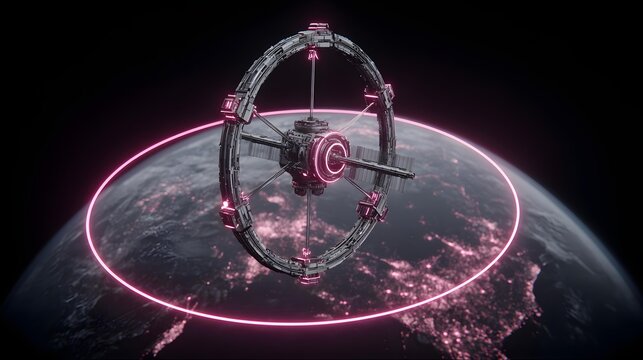 station controlled by advanced artificial intelligence, orbiting a colorful planet amidst glowing data streams