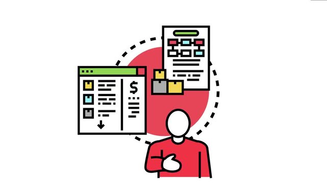 Person acknowledging a business process, confirming an order or expressing gratitude, with transaction details and inventory boxes conceptualizing efficient workflow