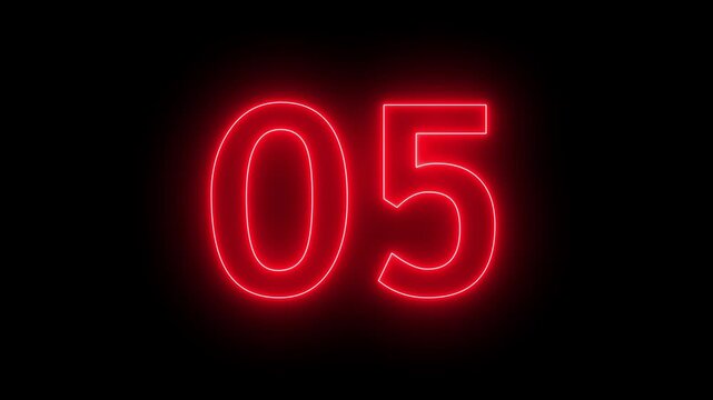 Glowing red neon number 05 isolated on black background for countdown timer or digital display