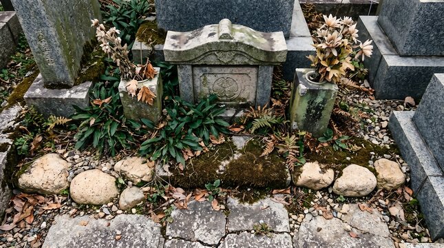 Neglected Japanese Family Grave Covered in Moss and Weeds Before Ohigan Cleaning