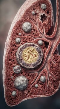 Pathogenic visceral section: tuberculosis infection, pulmonary disease, mycobacterium bacterium, respiratory illness, contagion inflammation, lung diagnosis, tb treatment, recovery immunity.