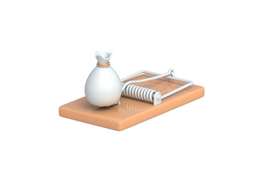 Financial trap. High interest loan hazard. Ponzi scheme bait. Hidden costs in contracts. Risky debt options. Money bag on mousetrap isolated on white background. 3d render