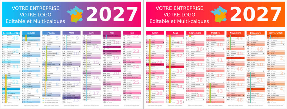 Avec vacances 2027 - Calendrier 2027 14 mois au format 320 x 420 mm recto verso enti&egrave;rement modifiable via calques et texte sans serif