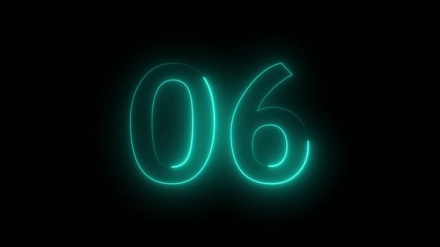 Glowing neon number six countdown timer on black background