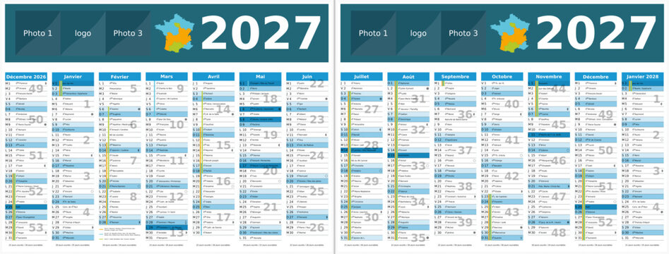 Avec vacances 2027 - Calendrier 2027 14 mois au format 320 x 420 mm recto verso enti&egrave;rement modifiable via calques et texte sans serif