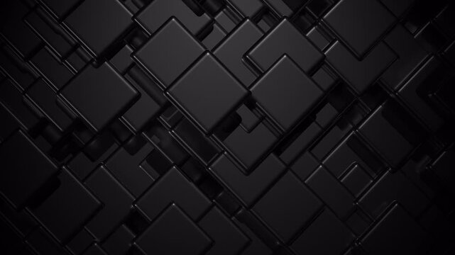 Abstract dark black background with intersecting square blocks moving up and down in 3D animation