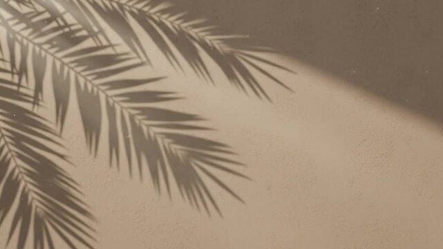 Tropical palm leaf shadow swaying on beige plaster wall background