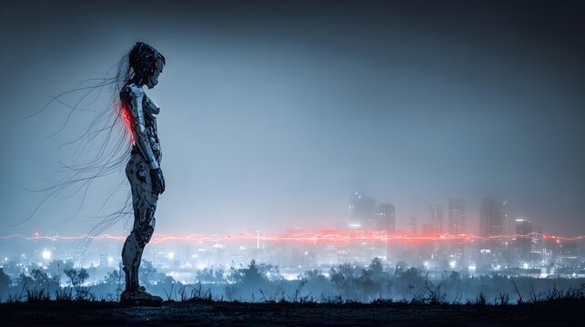 guardian watching over a sprawling neon metropolis from the top of a futuristic skyscraper at night