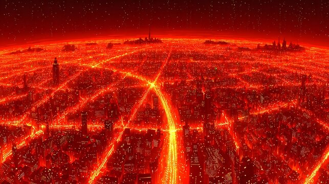 intelligence brain suspended above a digital landscape, billions of glowing neural connections radiating vibrant energy into the night sky