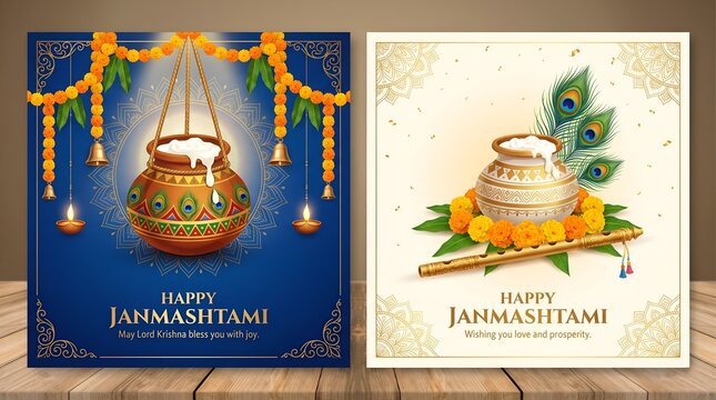 Greeting banners with dahi handi  and bansuri for Hindu festival Krishna Janmashtami (birth of Lord Krishna). Vector set.