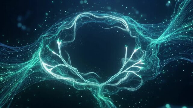 Turquoise particle waves flow on a dark background, expressing digital energy, connectivity, motion, and futuristic technology