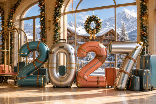 Large metallic numbers forming 2027 stand in a festive hotel lobby with luggage, holiday wreaths, garlands and snowy mountain views through arched windows.