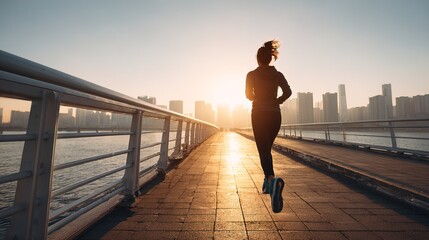 Fototapeta premium A young woman jogs quickly along a pathway next to the water in a modern city during sunset. Buildings stand tall in the background as the sun sets