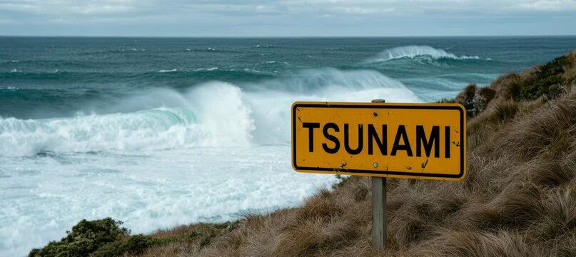 Tsunami sign plaque with ocean wave background. Nature disaster. Generative video AI technology.