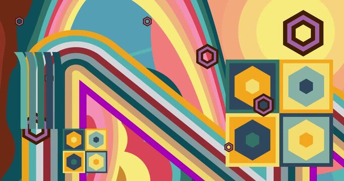 Retro 70s Background animation with Groovy 1970s art video. Minimalistic Vintage design, old-fashioned color artwork.
