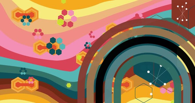 Retro 70s Background animation with Groovy 1970s art video. Minimalistic Vintage design, old-fashioned color artwork.