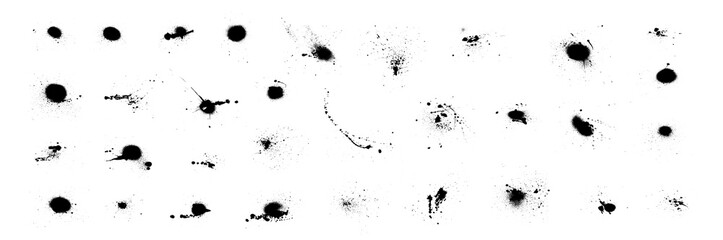 Naklejka premium Vector collection of black spray paint splatters, aerosol mist drops, grunge ink blots, and messy drip textures isolated on a white background for urban art design.