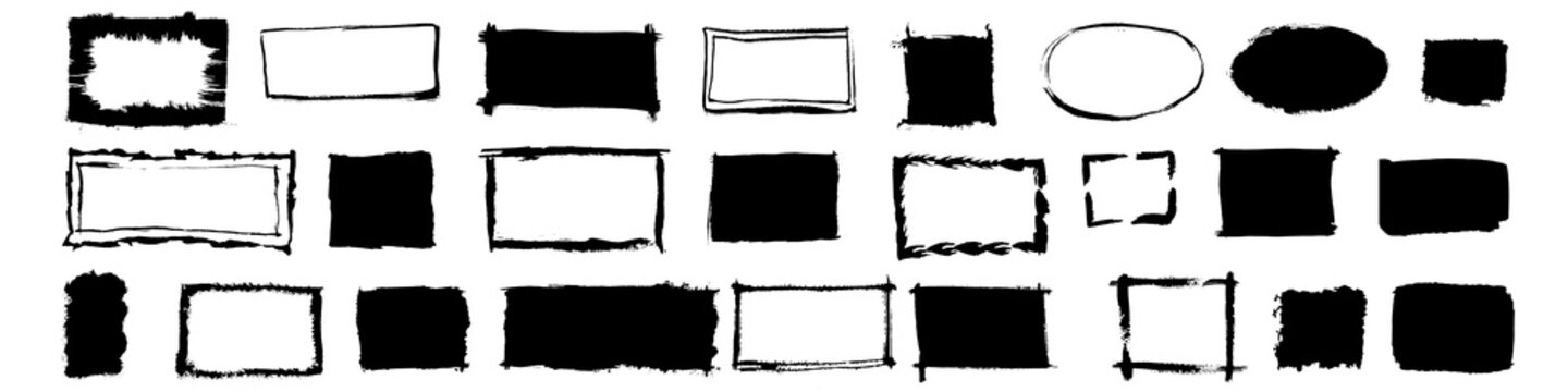 Vector collection of grunge rectangle frames, textured borders, distressed ink boxes, solid shapes, and rough stamp banners isolated on white background for vintage design.
