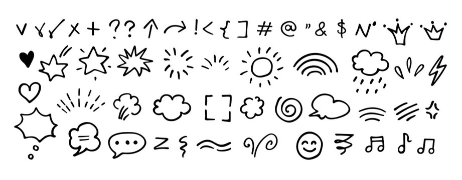 Vector collection of cute hand drawn doodle icons, speech bubbles, stars, arrows, hearts, sparkles, and decorative sketch elements isolated on a white background.