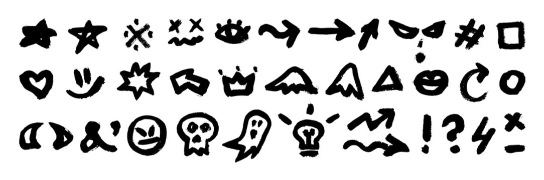 Vector collection of black spray paint graffiti doodles, urban street art icons, grunge stencils, dripping paint symbols, and punk elements isolated on a white background.
