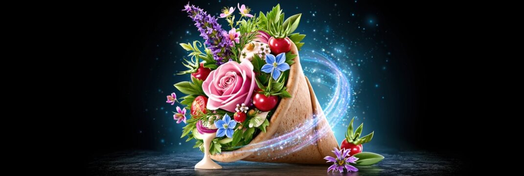 Creative Wrap Filled with Flowers and Berries, Magical Sparkle Effect, Dark Background