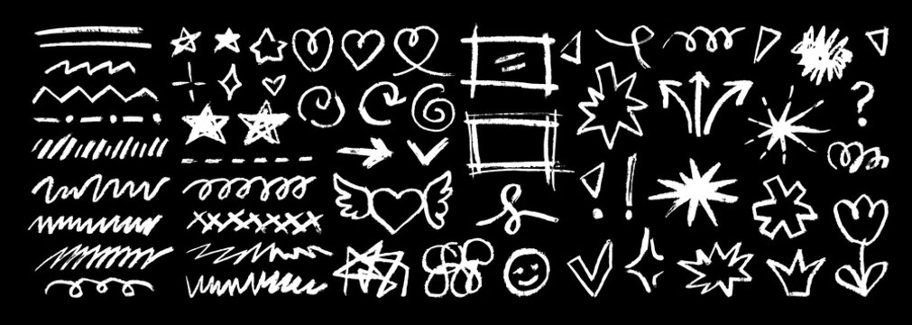 White chalk doodle vector set on black background featuring stars, hearts, arrows, frames, scribbles, bursts, flowers, check marks and hand drawn decorative symbols.