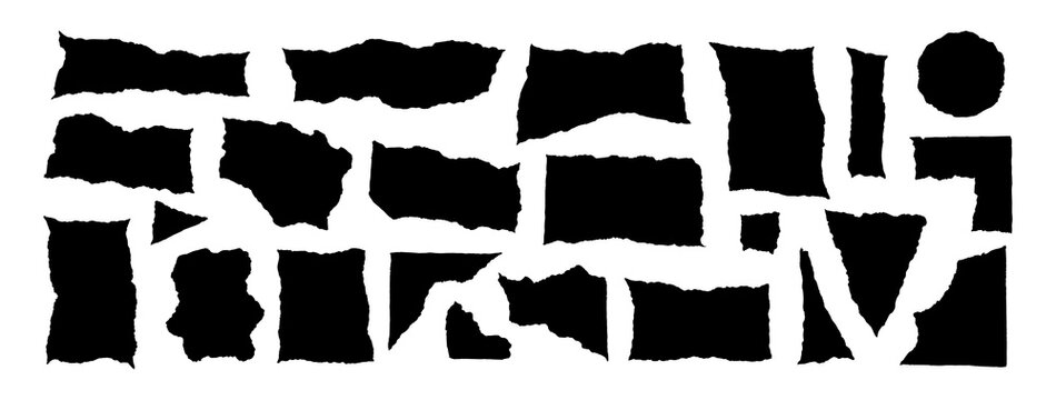 Vector collection of black torn paper scraps, ripped paper edges, ragged border strips, and shredded cardboard pieces isolated on a white background for collage design.